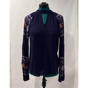Aina Be Shirt Womens Size XS Dark Purple Patterned Boho High Neck Keyhole